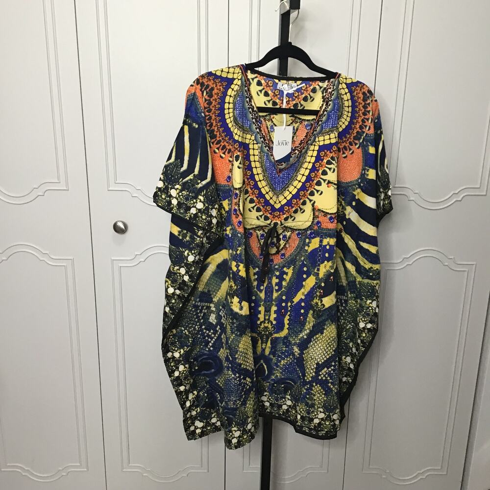 JOVIE Blue Snake V-Neck Kaftan With Draw-String Waist Tie-One Size Fits Most